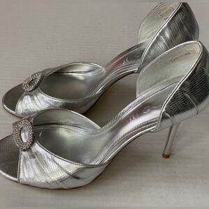 Aldo Silver High Heels Leather Open Toe Stilettos W/ Rhinestones Women's Sz 7.5